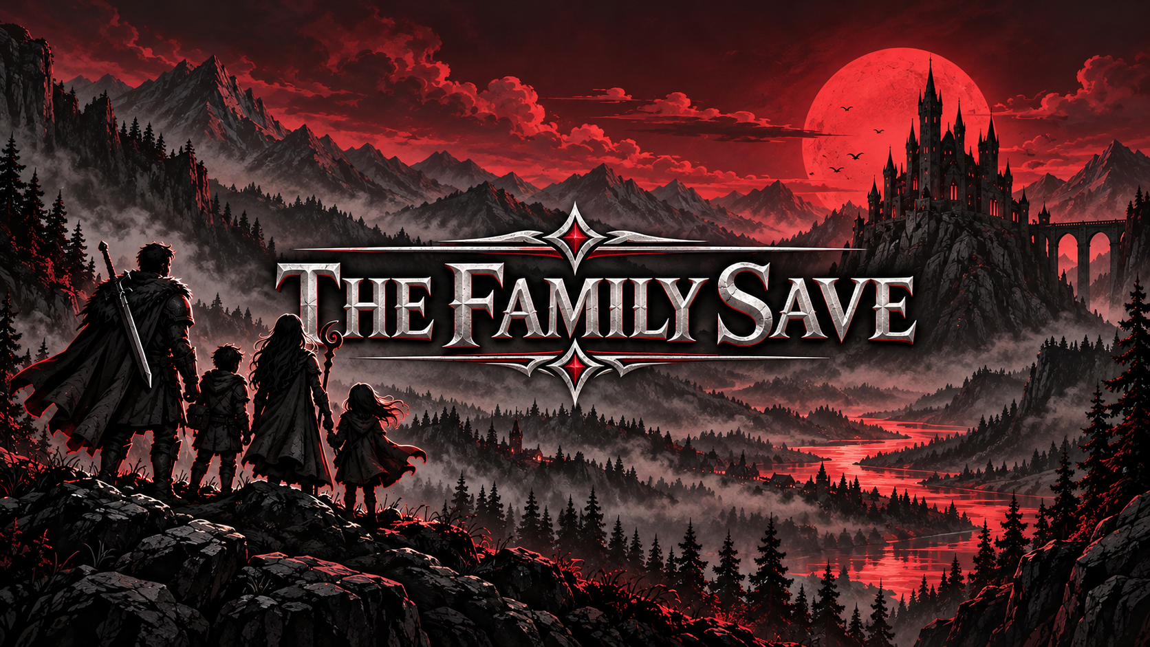 A family of fantasy adventurers overlooking a misty mountain valley and castle beneath a crimson moon
